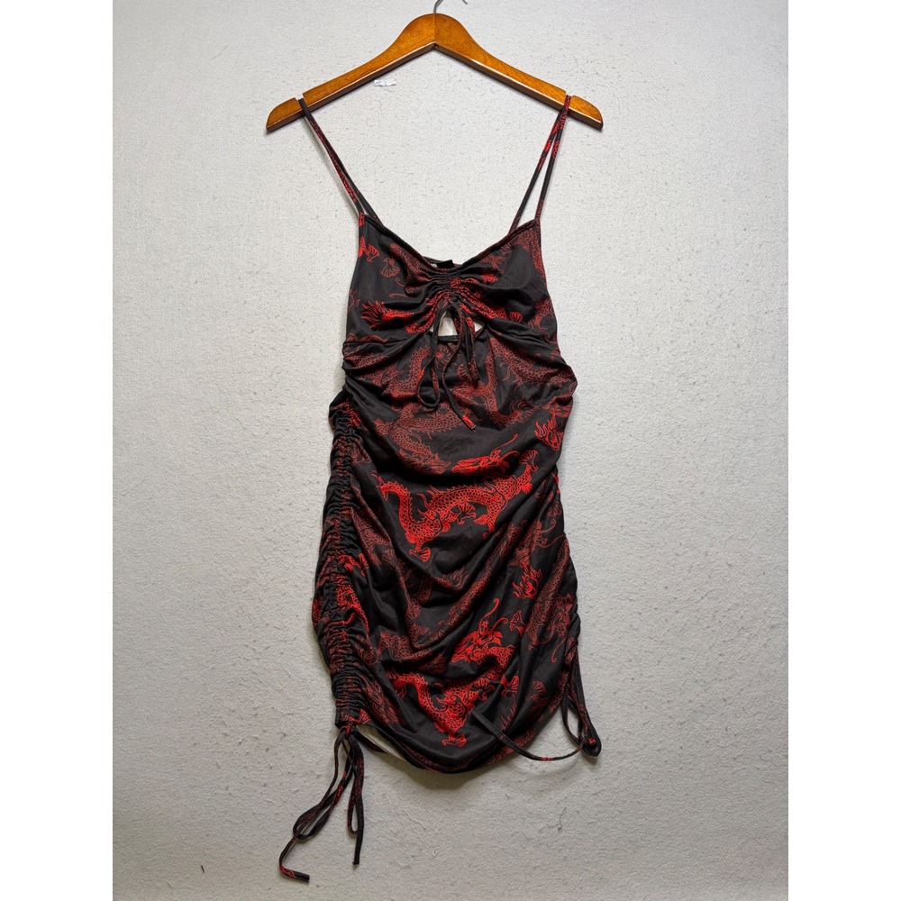 Unbranded‎ Mini Bodycon Dress Women Small Black Red Dragon Print Y2K Ruched